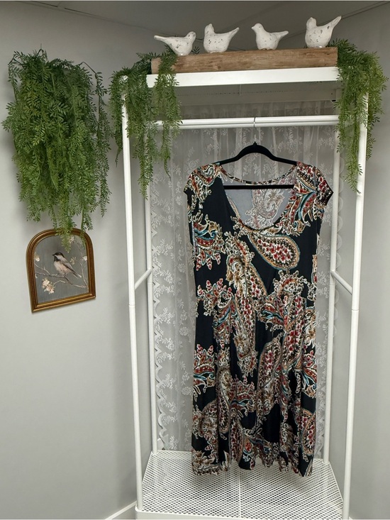 Dresses & Skirts - Boho Paisley Fit & Flare Midi Dress Navy Multi Colour Cap Sleeve Pockets Size XL